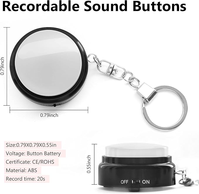 Recordable Talking Button with Keychain, 20s Voice Recording Time Sound Button Answer Buzzers Funny Buttons Record Your Own Words - White and Black (Battery Included), 2 x 2 x 1.4