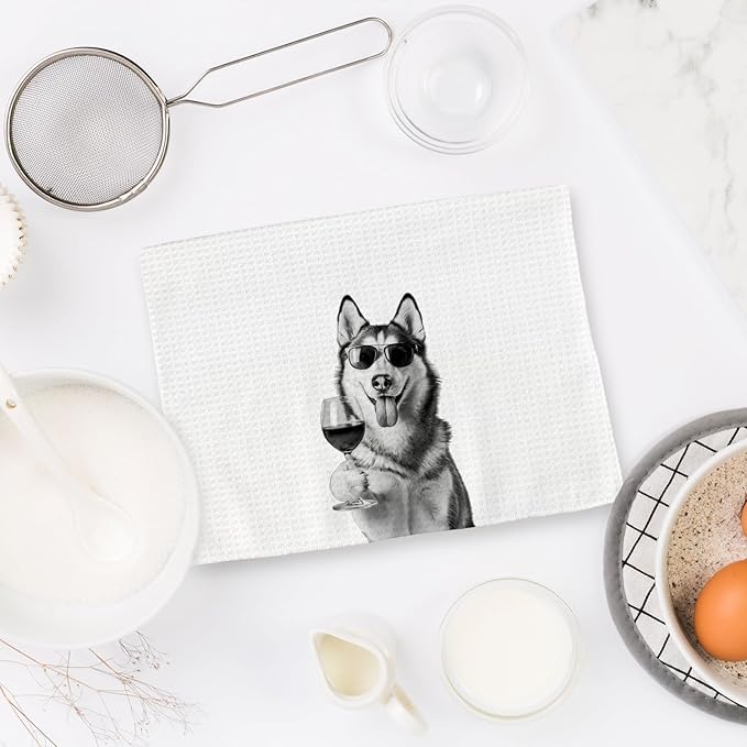 Husky Gifts Wine Dog Kitchen Towels, Gifts for Husky Dog Wine Lovers Decorative Hand Dish Towel for Kitchen Home Bar, Funny HuskyDog WineLover Home Bar Kitchens Decor(16x24 Inch)