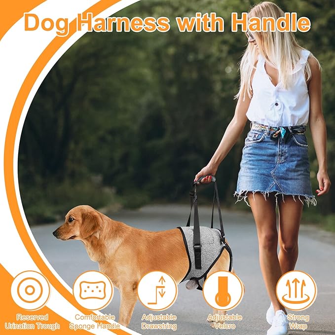 Dog Harness with Handle, Dog Sling for Large Dogs Hind Leg Support, Adjustable Dog Support Harness for Back Legs Elderly Injured Disabled Dogs with Reserved Urination Groove, Removable Sponge Handle