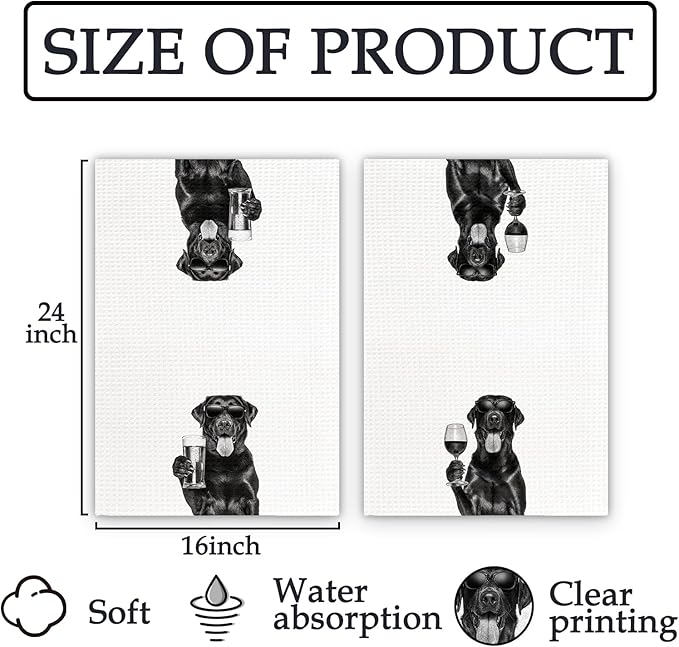 Gifts for Black Lab Dog Wine Lovers Kitchen Towels Set of 2, Black Labrador Retriever Gifts Wine Beer Decorative Hand Dish Towel for Kitchen Home Bar, Funny Dog Home Bar Decor(16x24 Inch)