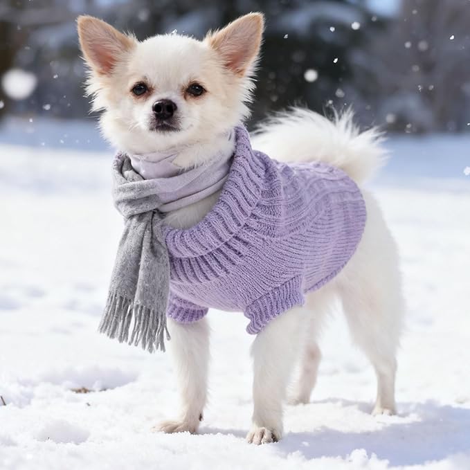 Dog Sweater for Small Dogs Autumn Winter Dog Knitted Sweaters Warm Puppy Clothes Turtleneck Pullover Coat Pet Clothing for Chihuahua Teacup Yorkie (Purple Medium)