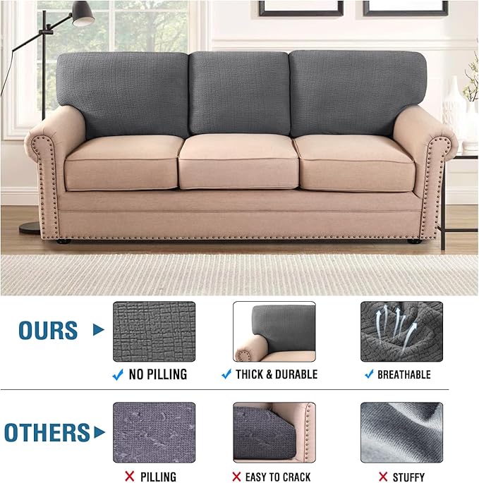 H.VERSAILTEX Jacquard Couch Cushion Covers High Stretch Sofa Covers for 3 Cushion Couch Furniture Protector Spandex Anti-Slip Soft Thickened Slipcovers Crizzle Pattern(3 Back Covers, Grey)