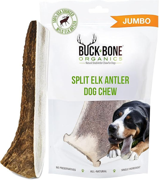 Buck Bone Organics Dog Chews, Elk Antlers for Dogs, Long Lasting Dog Bones for Aggressive Chewers, All Natural, No Preservatives, Wild Shed in the USA (Jumbo)