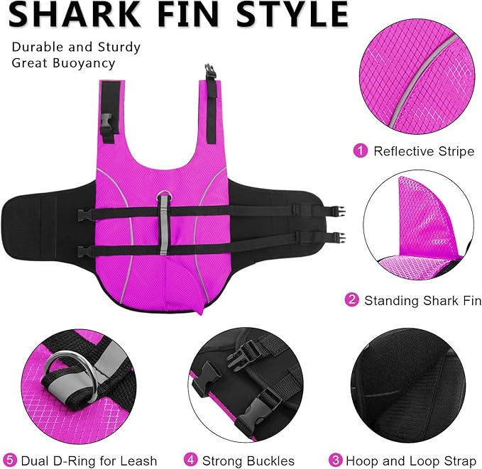 Queenmore Ripstop Dog Life Jacket Shark Life Vest for Dogs, Safety Lifesaver with High Buoyancy and Lift Handle for Small and Medium Breeds（Rose Red M）