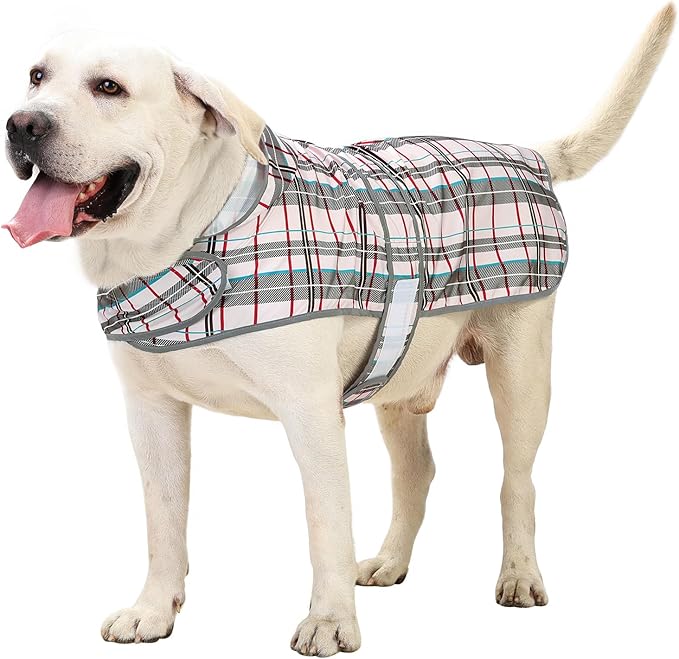 Dog Raincoat for Large Dogs Waterproof Jacket Hooded Rain Coats with Reflective Strips Leash Hole & Poncho Adjustable Fit (Plaid,XL)