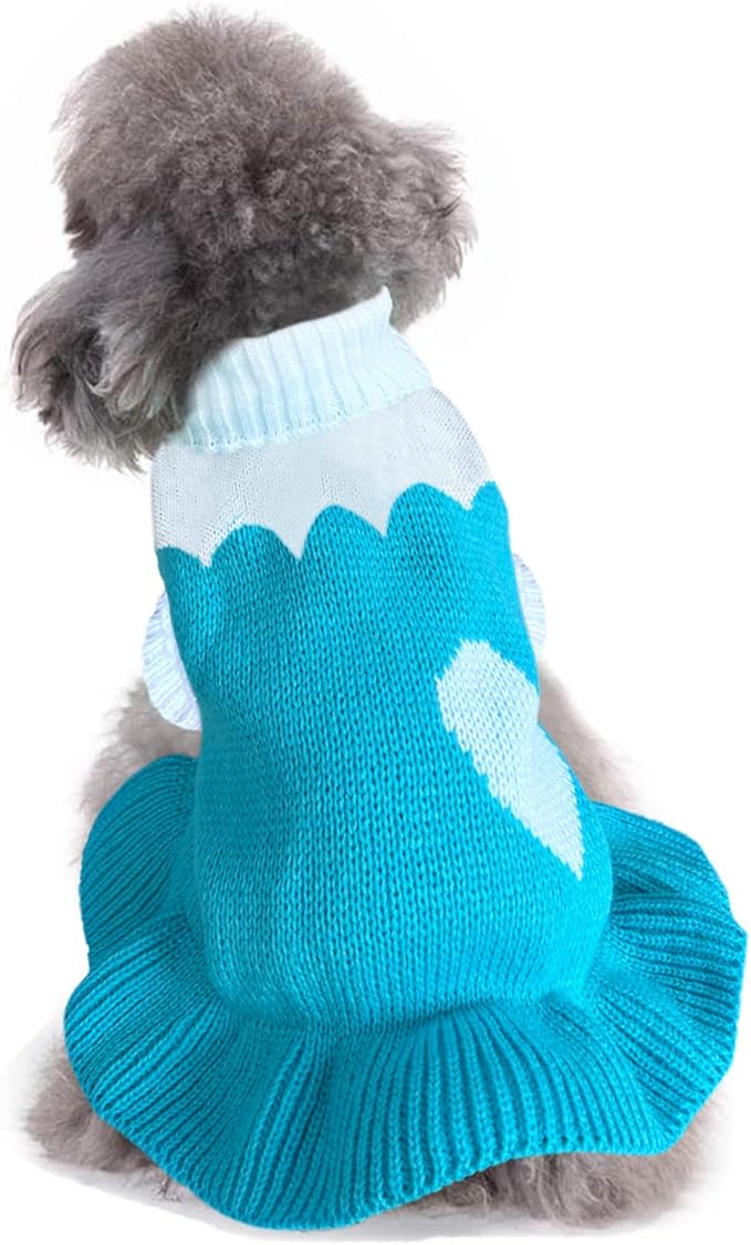 CHBORCHICEN Pet Dog Sweaters Classic Knitwear Turtleneck Winter Warm Puppy Clothing Cute Strawberry and Heart Doggie Sweater (M, Dress-Sky Blue)