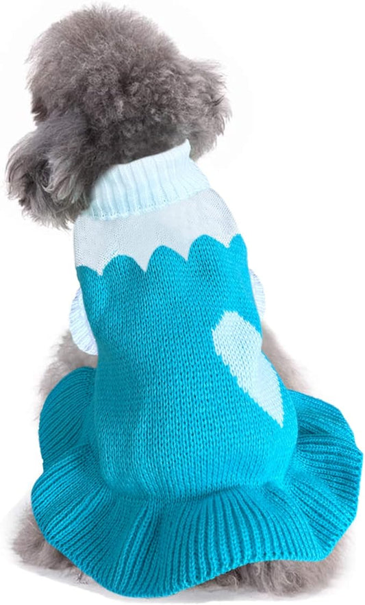 CHBORCHICEN Pet Dog Sweaters Classic Knitwear Turtleneck Winter Warm Puppy Clothing Cute Strawberry and Heart Doggie Sweater (M, Dress-Sky Blue)