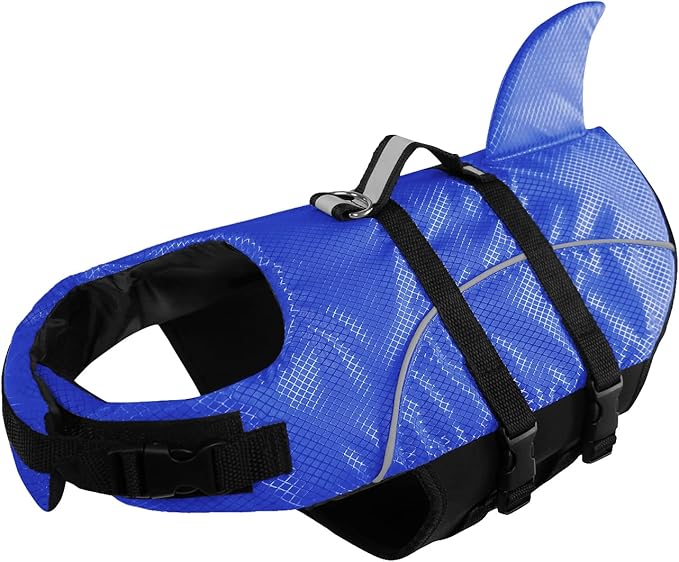 Queenmore Small Dog Life Jacket XXS, Puppy Life Jackets for Small Dogs, Little Dog Life Vest for Swimming/Boating, Cat Life Jacket/Life Vest, Lightweight Shark Pet Water Vest with Handle/Leash Hook