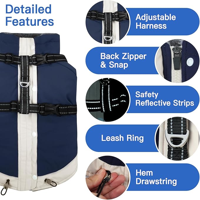XXX-Large Dog Coat with Reflective Harness 2 in 1 for Dog Walking | Winter Turtleneck Windproof Coat for Large Dogs,Snowsuit with Sleeves Protect Joints,Cold-Weather Clothing(Navy-Blue)