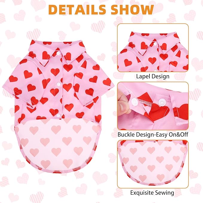 KOOLTAIL Valentine's Dog Shirt with Leash D-Ring, Soft Pet Botton Up Clothes for Medium Large Dogs, Breathable Heart Partten Puppy Polo Outfit with Sun & Insect Protection,Indoor Outdoor, Boy Girl, L