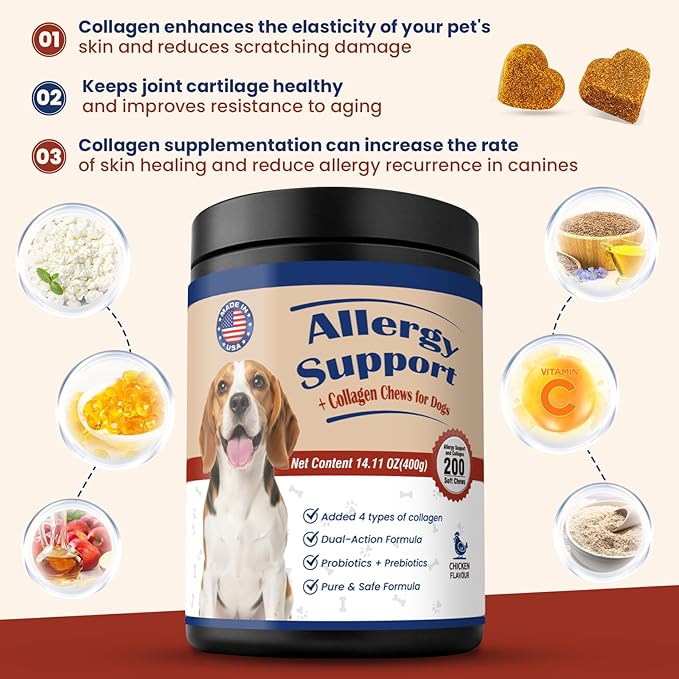 Pet Allergy Relief Chews 400PCs with Natural Collagen Drops Dual Formula for Itch Relief Skin Joint Health Coat Care Infused with Colostrum Probiotics Tasty Bites for All Dogs Cats Daily Consumption