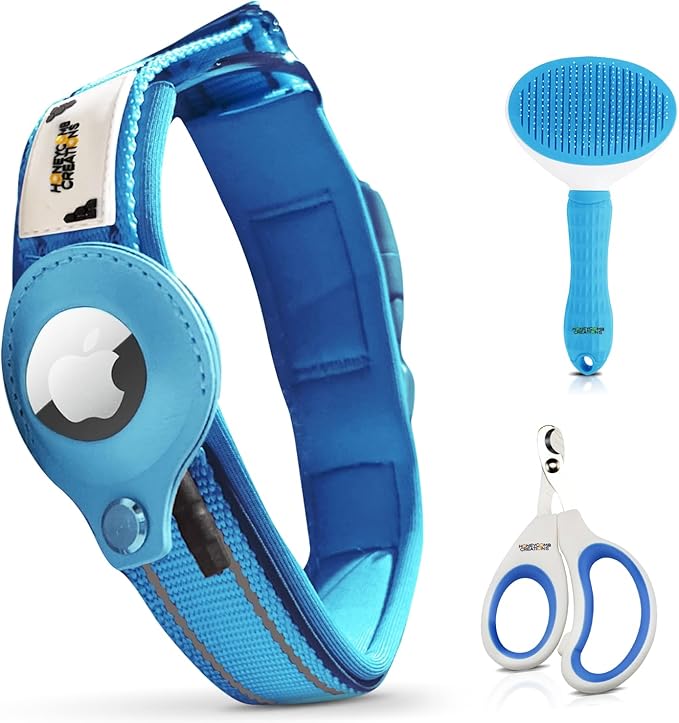 Essential Pet Supplies: Pet Collar for Small Dogs with Reflective AirTag Holder and Secure,Comfortable Padding Bundled with Safe Dog Nail Clippers and Self-Cleaning Dog Brush