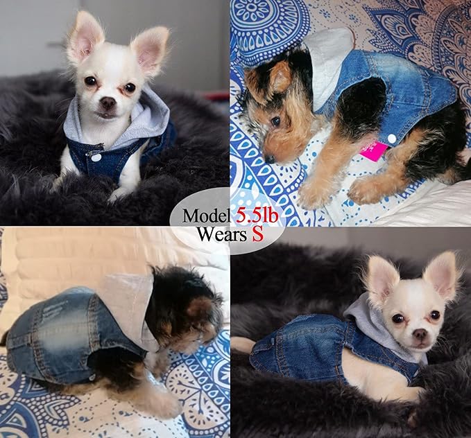 Pet Clothes Dog Jeans Jacket Cool Blue Denim Hoodie Coat, Puppy Clothing Shirt Costume, Doggy Vintage Washable Lapel Vest, Dog Classic T-Shirt Apparel for Small Medium Dogs Cats (Blue, X-Small)