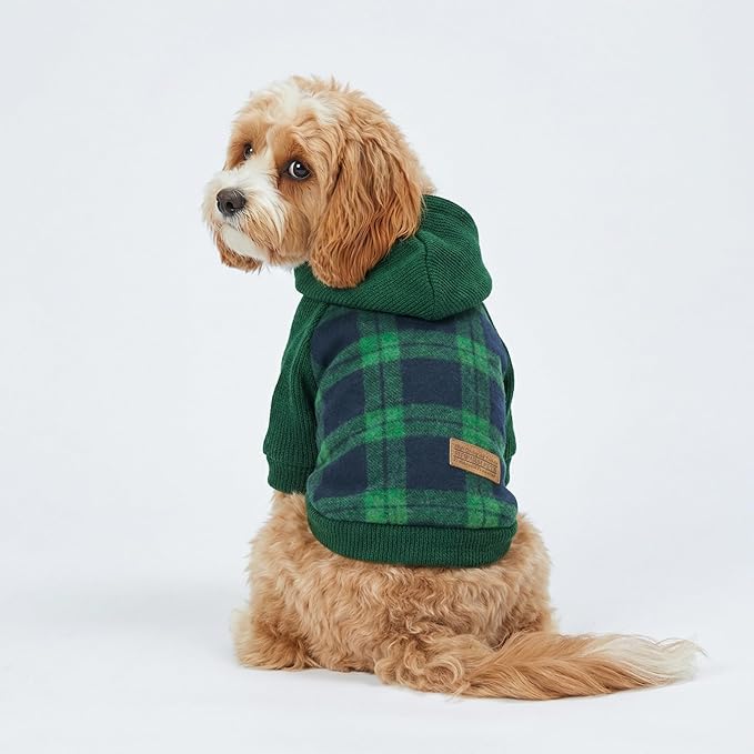 Fitwarm Tartan Plaid Dog Hoodie, Knitted Dog Clothes for Small Dogs Boy, Pet Sweater with Hood, Cat Winter Outfit, Green, Small