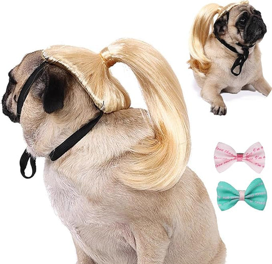Funny Dog Wig Pet Costumes, Cat Costume Synthetic Hairpiece Cosplay Wigs, Headwear for Halloween Christmas Festivals Party Decor, Fancy Dress,Adjustbale Size,30CM Blonde Ponytail