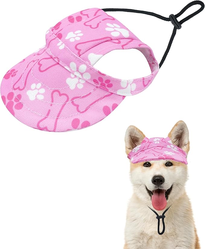 PET SHOW Dog Baseball Cap Paw Print Dog Visors for Small Doggy Cats Waterproof Pet Sun Hats with Ear Holes Adjustable Drawstring Girl Puppy Hat -Pink/XS