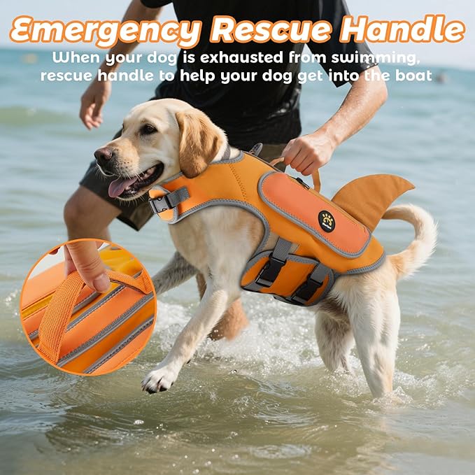Dog Life Jacket, Cute Shark Dog Life Vest for Swimming Boating with Superior Buoyancy and Rescue Handle, Adjustable Puppy Swim Floating Vest for Small Medium Large Dogs (Orange, Large)