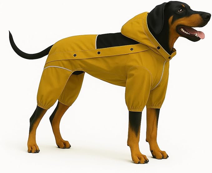 LOVELONGLONG Waterproof Dog Raincoat with Removable Hood – Outdoor Full Body Dog Jacket, Windproof Snowproof Shell Suit – All Season Pet Rain Gear Mustard Yellow XXL