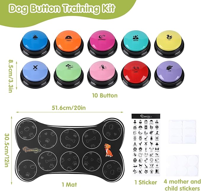 Dog Buttons for Communication 10 Dog Talking Buttons Starter Set 30S HD Recordable Training Buttons with Waterproof Anti-Slip Mat + 50 Scene Stickers