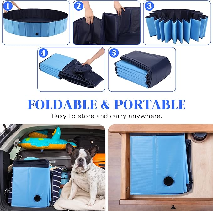 Foldable Dog Pool, Portable Pet Bath Tub and Kiddie Swimming Pool, Collapsible Bathtub for Puppies, Small, Medium and Large Dogs, Cats and Kids, 97 x 12 in, Blue
