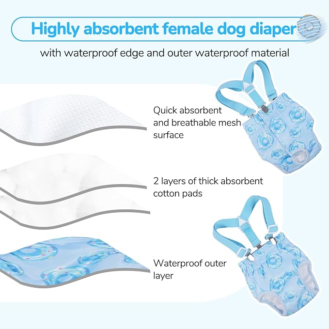 Dog Diapers Female with Suspender, Reusable Dog Diaper Female, Washable Doggie Diapers for Medium Doggy in Heat Cycle Period Incontinence, Boston Terrier, Pug (Blue M)