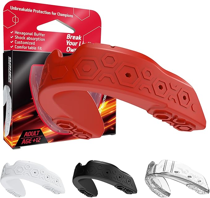 GOHEX Sports Mouthguard for Adults – Shock-Absorbing Mouth Guard with Chin Guard for All Contact Sports, Boxing, Lacrosse, Football, Hockey, MMA, and Martial Arts (Red)