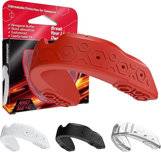 GOHEX Sports Mouthguard for Adults – Shock-Absorbing Mouth Guard with Chin Guard for All Contact Sports, Boxing, Lacrosse, Football, Hockey, MMA, and Martial Arts (Red)