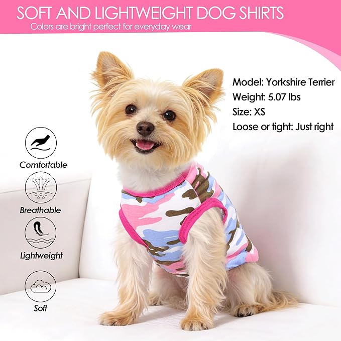 2 Pack Dog Shirts for Small Dogs Girl Boy Camouflage Puppy Clothes Pet T Shirts Dog Clothes for Small Dogs Cats Apparel (Pink Camouflage + Solid Color, Small)