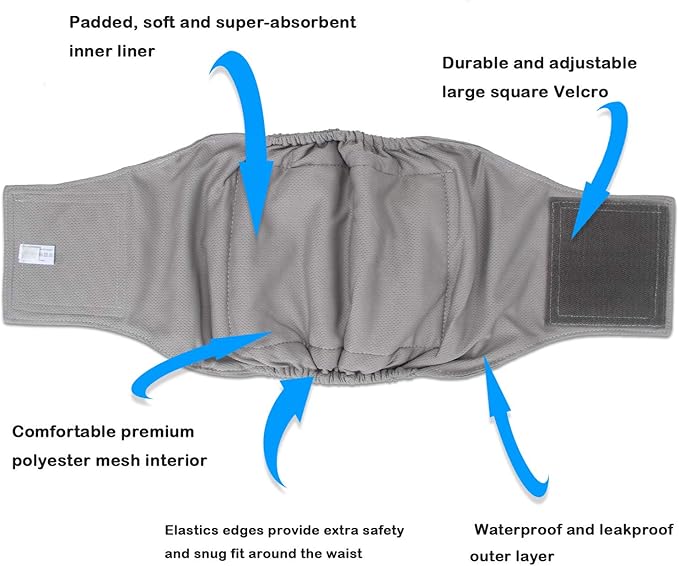 Teamoy 3 Pack Male Dog Diaper Wrap with Gray Lining, Washable Puppy Belly Bands, Super-Absorbent and Comfortable(M,13"-16" Waist)