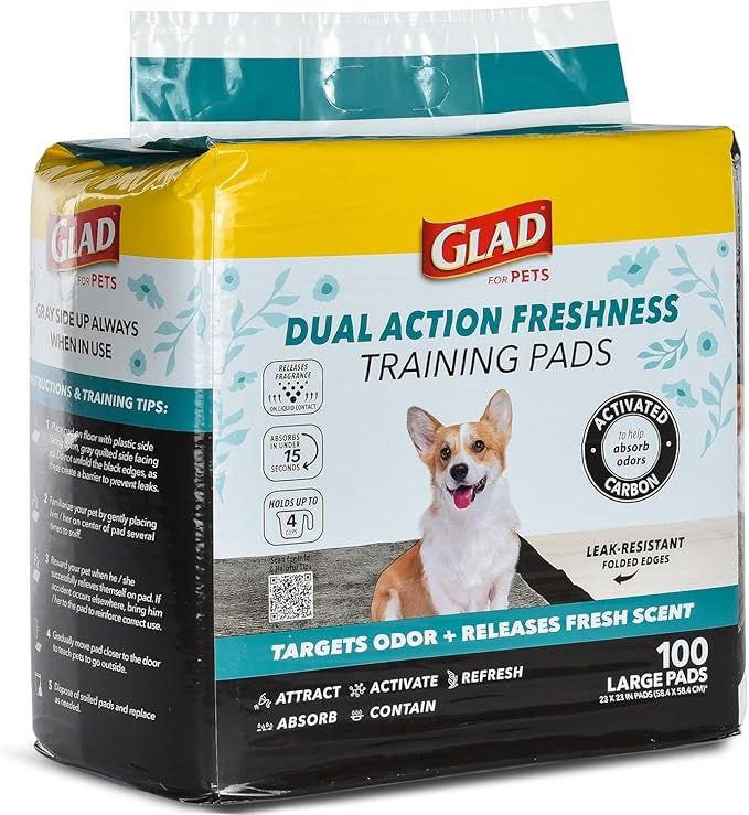 Glad for Pets Dual Action Freshness Activated Carbon Puppy Training Pads with Fragrance Release, Scented Pee Pads, Ultra Absorbent, Odor Control, 23"x23" 100ct - 2 Pack