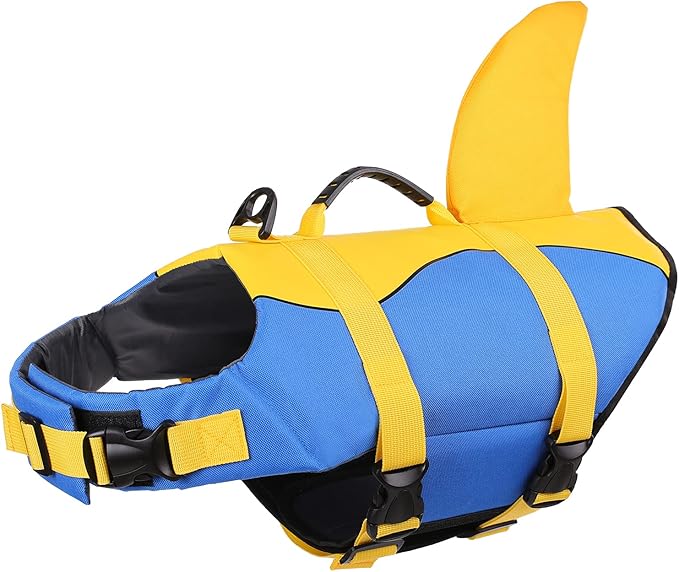 Queenmore Dog Life Jacket, Adjustable Dog Life Vest, Pet Lifesaver for Swimming, Shark Life Jacket with Rescue Handle, Rip-Stop Safety Vest for Small Medium Large Dogs