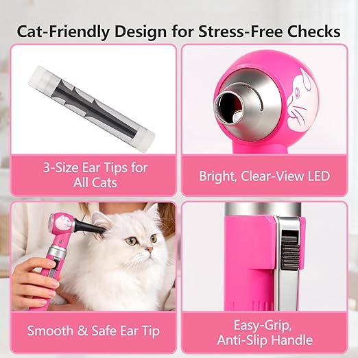 Veterinary LED Otoscope for Pets Cat-Design - Ear Infection Detector with Light, 6 Disposable Tips for Dogs & Cats, Portable Home Ear Checker (Pink)
