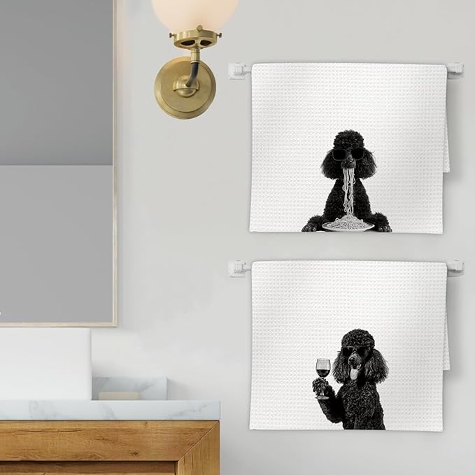 Black Poodle Gifts Wine Kitchen Towels Set of 2, Funny Black Poodle Dog Eating Pasta Decorative Hand Dish Towel for Kitchen Home Bar, Gift for PoodleDog Lovers Home Bar Decor(16x24Inch)