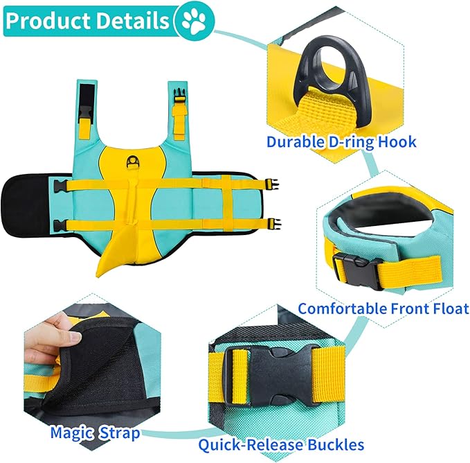 Malier Dog Life Jacket, Ripstop Dog Life Vest with High Buoyancy for Swimming Boating, High Visibility Shark Puupy Lifesaver for Small Medium Large Dogs (X-Small)