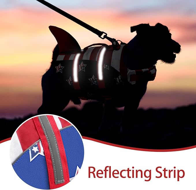 Dog Life Jacket, American Flag Ripstop Shark Dog Life Vest for Swimming & Boating, High Buoyancy Reflective Pet Vest with Rescue Handle, for X-Small/Medium/Large/X-Large Dogs (USA Flag, L)