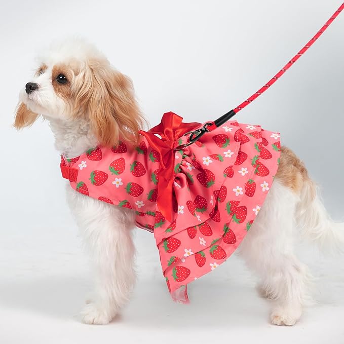 PUPTECK Cute Dog Dress with Bowknot and Leash Ring, Soft Breathable Dog Clothes Puppy Princess Girl Outfit, Pet Apparel Costume for Small Medium Sized Dogs, Pink Strawberry M