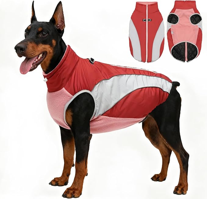 Dog Coats for Large Dogs with Harness Built in, Waterproof Dog Jacket Warm Pet Winter Coat Snowsuit for Cold Weather, Reflective Fleece Windproof Jacket, Red, U-LDMF01XL