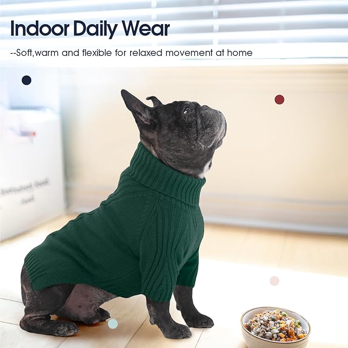 IECOii Dog Sweaters for Medium Dogs Girl Boy,Christmas Knit Doggy Sweatshirt with Sleeve,Turtleneck Thick Warm Dog Sweaters for Winter,Pullover Knitwear for French Bulldog,Boston Terrier (Green, L)