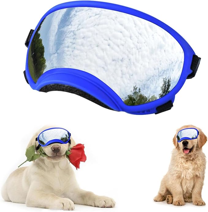 Soft Samll Dog Sunglasses Dog Goggles for Large Breed UV/Wind/Dust Protection Winproof Dog Puppy Sunglasses Pet Glasses Eye Wear with Adjustable Strap (Bule Frame & Silver Lens/Small)