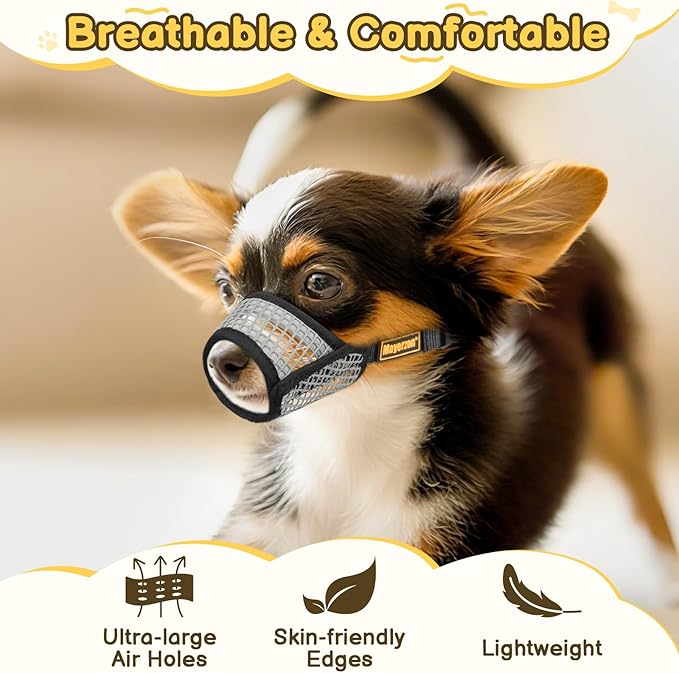 Mayerzon Dog Muzzle for Biting, Patented Soft Breathable Mesh Muzzle for Small Medium Dogs Chihuahua Dachshund Poodle, Adjustable Mouth Cover for Grooming, Chewing, Vet Visits (Black Trim, M)