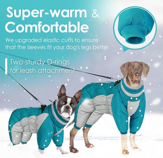 AOFITEE Fullbody Dog Coat Warm Fleece Dog Jacket, Windproof Dogs Winter Coat with Harness Built in, Reflective Turtleneck Dogs Snowsuit Puffer Jacket, Four Legged Snow Suit for Small Medium Large Pet