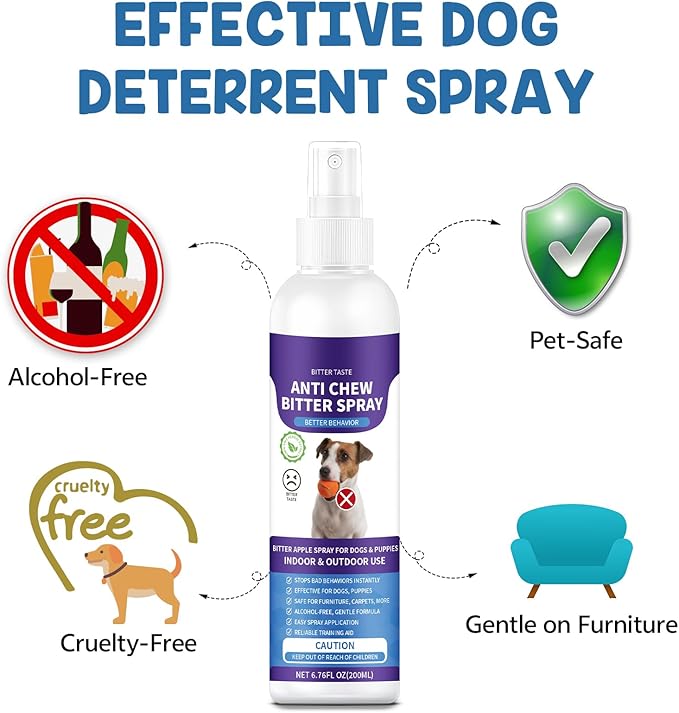No Chew Spray for Dogs, 200ML Bitter Apple Spray for Dogs to Stop Chewing and Prevents Wound Licking, Protects Furniture, Shoes, Bandages, Alcohol-Free & Non-Toxic, Safe for Indoor & Outdoor Training