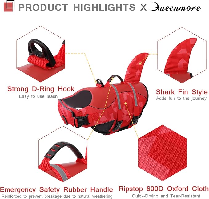 Queenmore Shark Dog Life Jacket, LifeVests for Boating, High Buoyant Dog Life Vest for Swimming, Adjustable Easy On Pet Jackets for Small, Medium, Large Dogs (Red Triangle,L)