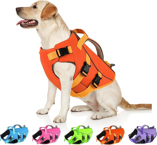 Dogcheer Dog Life Jacket with Double Rescue Handle, Reflective Dog Harness Life Vest for Swimming Boating, Adjustable Pet Swim Vest Dog Flotation Device DFD for Small Medium Large Dogs - Orange L
