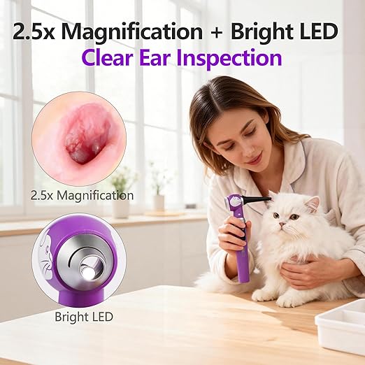 Veterinary LED Otoscope for Pets Cat-Design - Ear Infection Detector with Light, 6 Disposable Tips for Dogs & Cats, Portable Home Ear Checker (Purple)