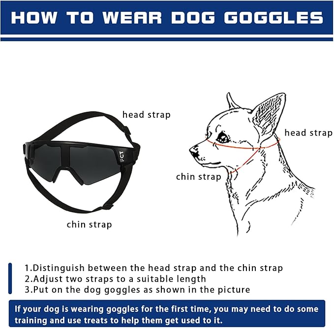 Dog Goggles for Small to Medium Breed, Dog Sunglasses UV Protection, Windproof & Anti-Fog, Puppy Sunglasses with Padded Frame and Adjustable Straps for Outdoor Riding, Driving（Black）