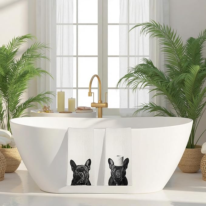 Funny Black French Bulldog Bathroom Hand Towels Set of 2, Gifts for French Bulldog Lovers, Dog Bathroom Decor, Frenchie Gifts Decorative Hand Towels for Bath Room Washroom Spa Gym, 16x24 Inches