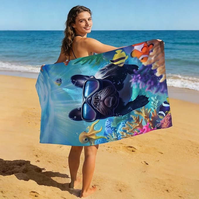 Microfiber Dog Bath Towel, Funny French Bulldog Diving with Ocean Animal Beach Towels for Kids Adults, Quick Dry Absorbent Sand Proof Towels for Swim Pool Surf Travel, Oversized 32x52