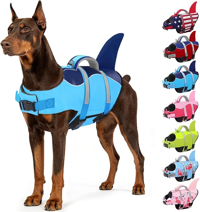 AOFITEE Dog Life Jacket, Dog Life Vest for Swimming, Shark Dogs Swimming Vest with Rescue Handle and Reflective Stripe, Ripstop Pet Float Coat Swimsuit Lifesaver Small Medium Large Dogs Blue XL