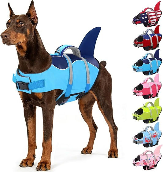 AOFITEE Dog Life Jacket, Dog Life Vest for Swimming, Shark Dogs Swimming Vest with Rescue Handle and Reflective Stripe, Ripstop Pet Float Coat Swimsuit Lifesaver Small Medium Large Dogs Blue S